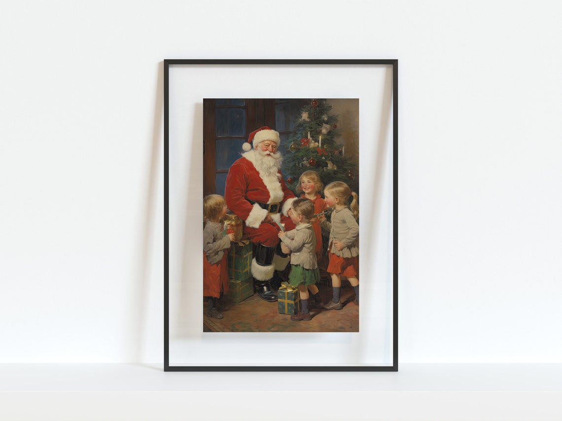 Vintage Painting Of Santa Claus Gifts To Children Cozy Christmas Wall Art Winter Core Holiday Print Positive Christmas Decor - Image 3