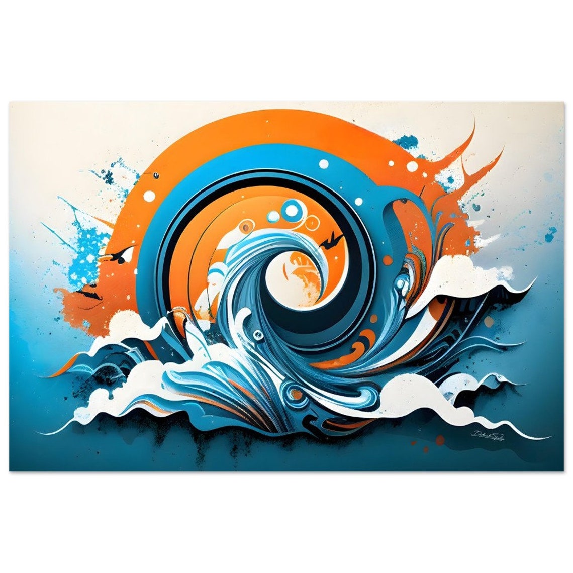 Blue and Orange Ocean Wave Abstract Modern Surf Decor Poster - Image 3
