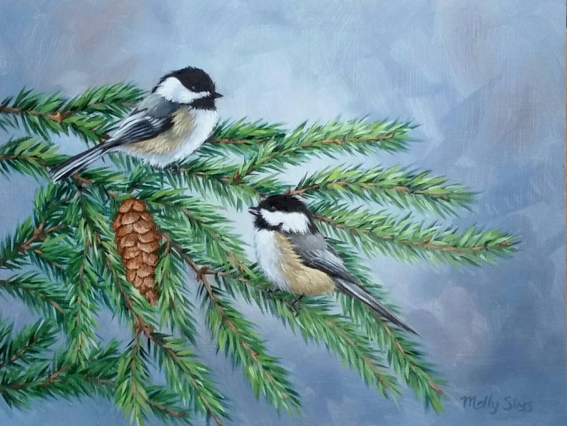 Two Black-Capped Chickadees on Pine Oil Painting Bird Poster