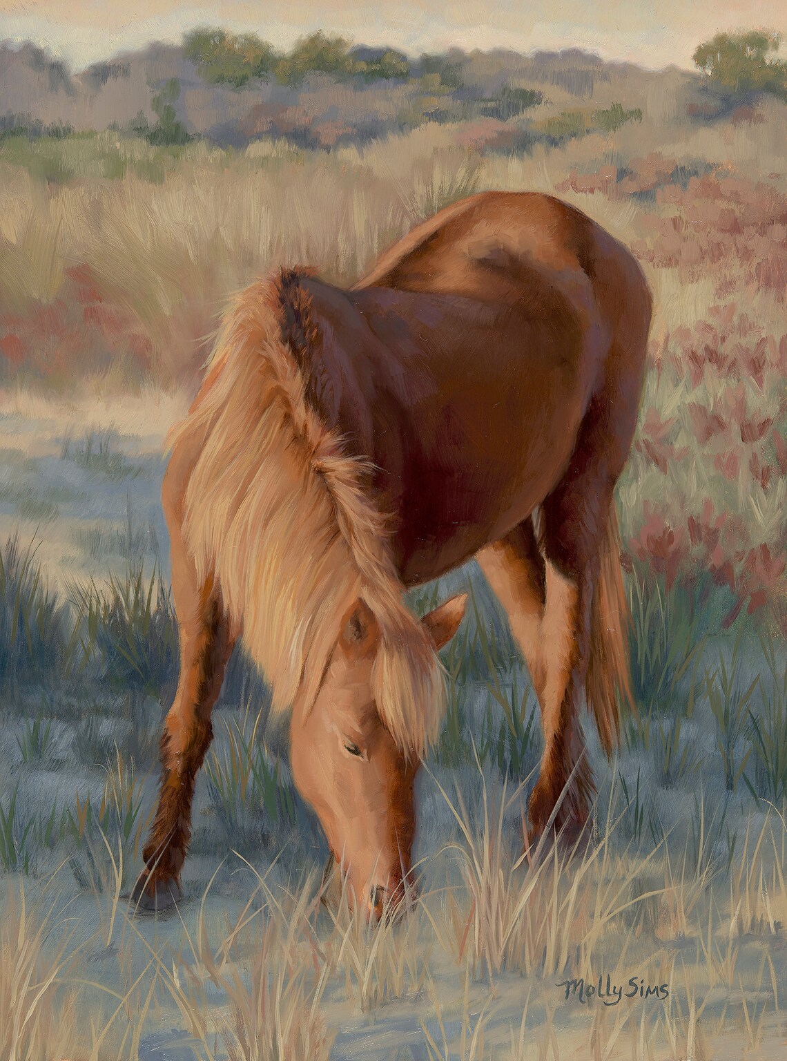 Chestnut Pony Grazing in a Marsh Meadow Oil Painting Horse Poster