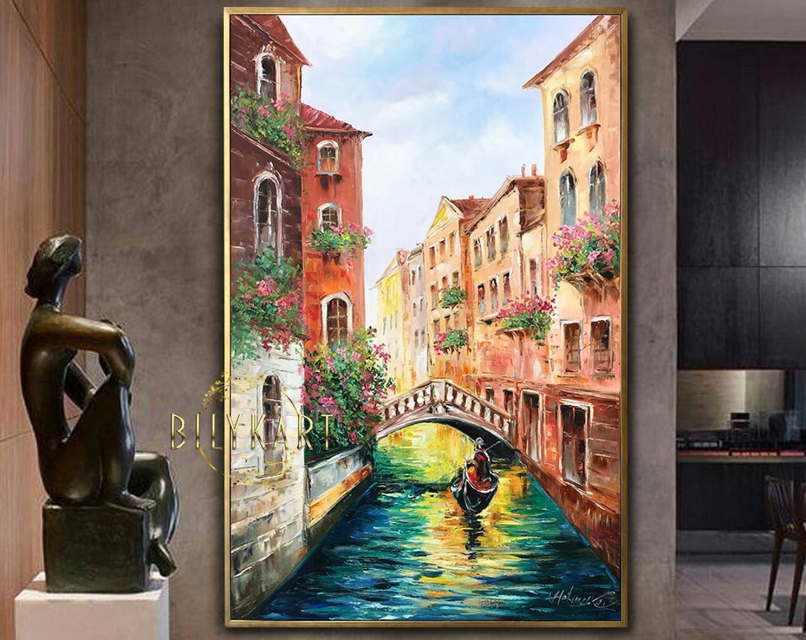 Large Venice Painting On Italy Cityscape Art Real Gondola Painting Sunset In Venice Italy Wall Art Travel To Venice Oil Painting
