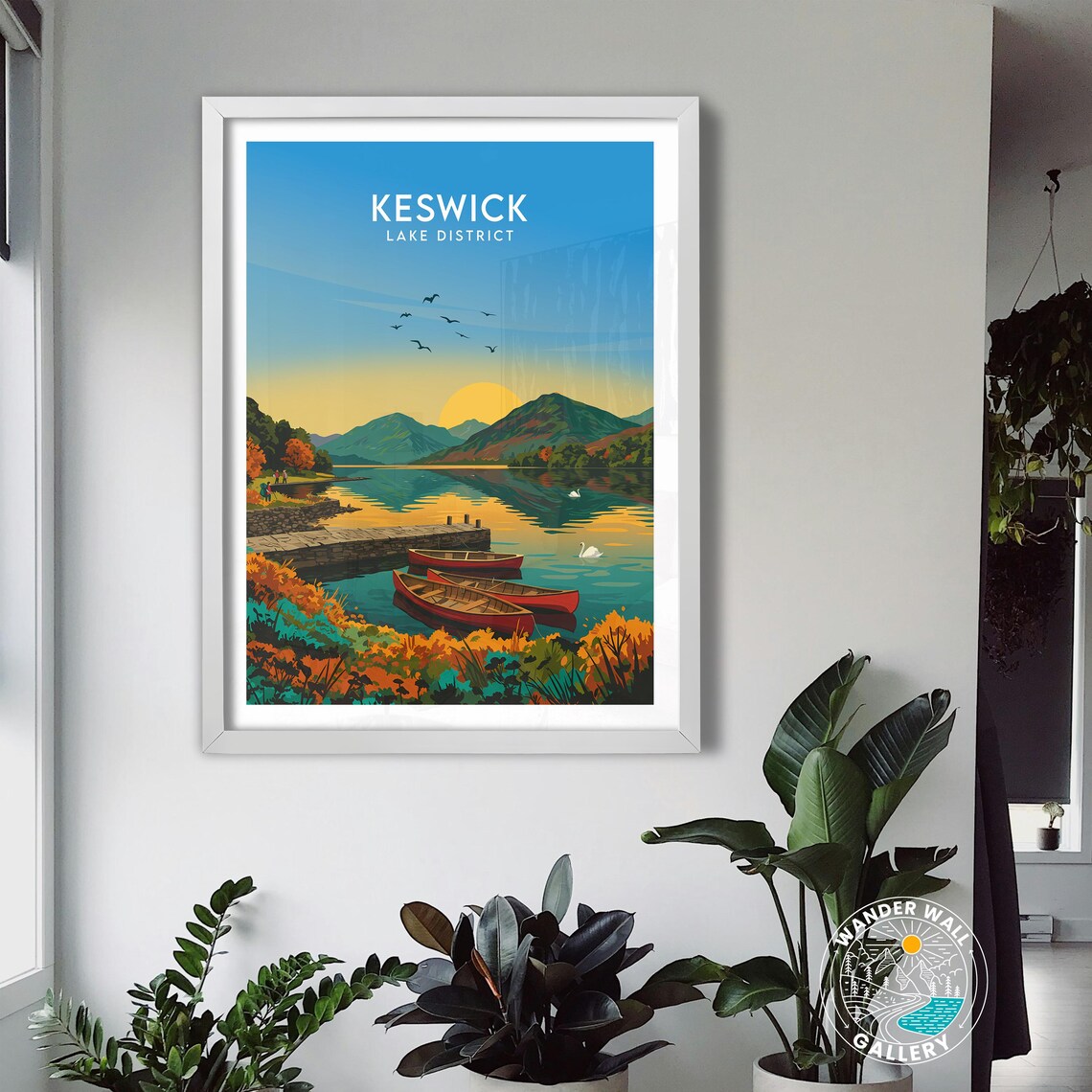 Keswick Lake District Serene Sunrise Canoes Mountain Lake Poster - Image 3