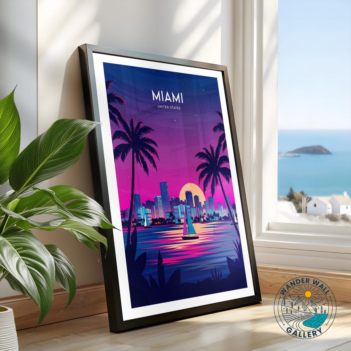 Miami Florida Neon Night Skyline Palm Trees Sailboats Travel Poster - Image 2