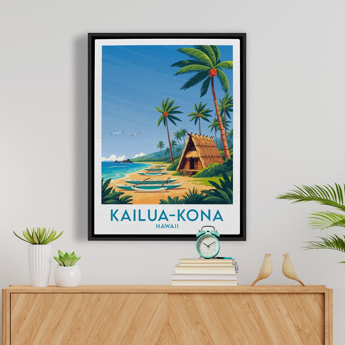Kailua-Kona Hawaii Coconut Palms Outrigger Canoes Beach Hut Poster - Image 5