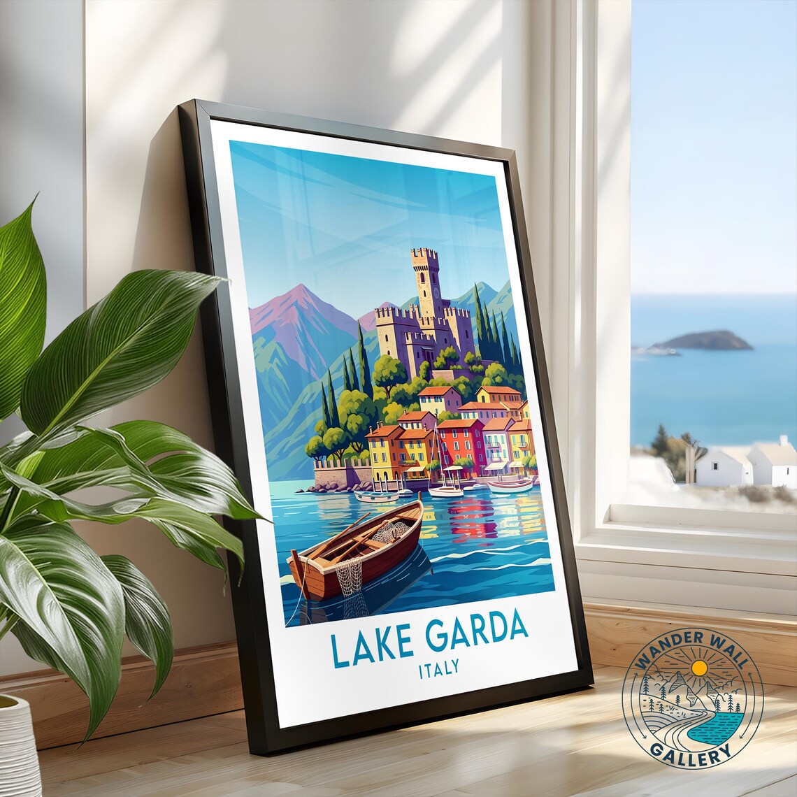Lake Garda Italy Medieval Castle Lakeside Boats Travel Poster - Image 2