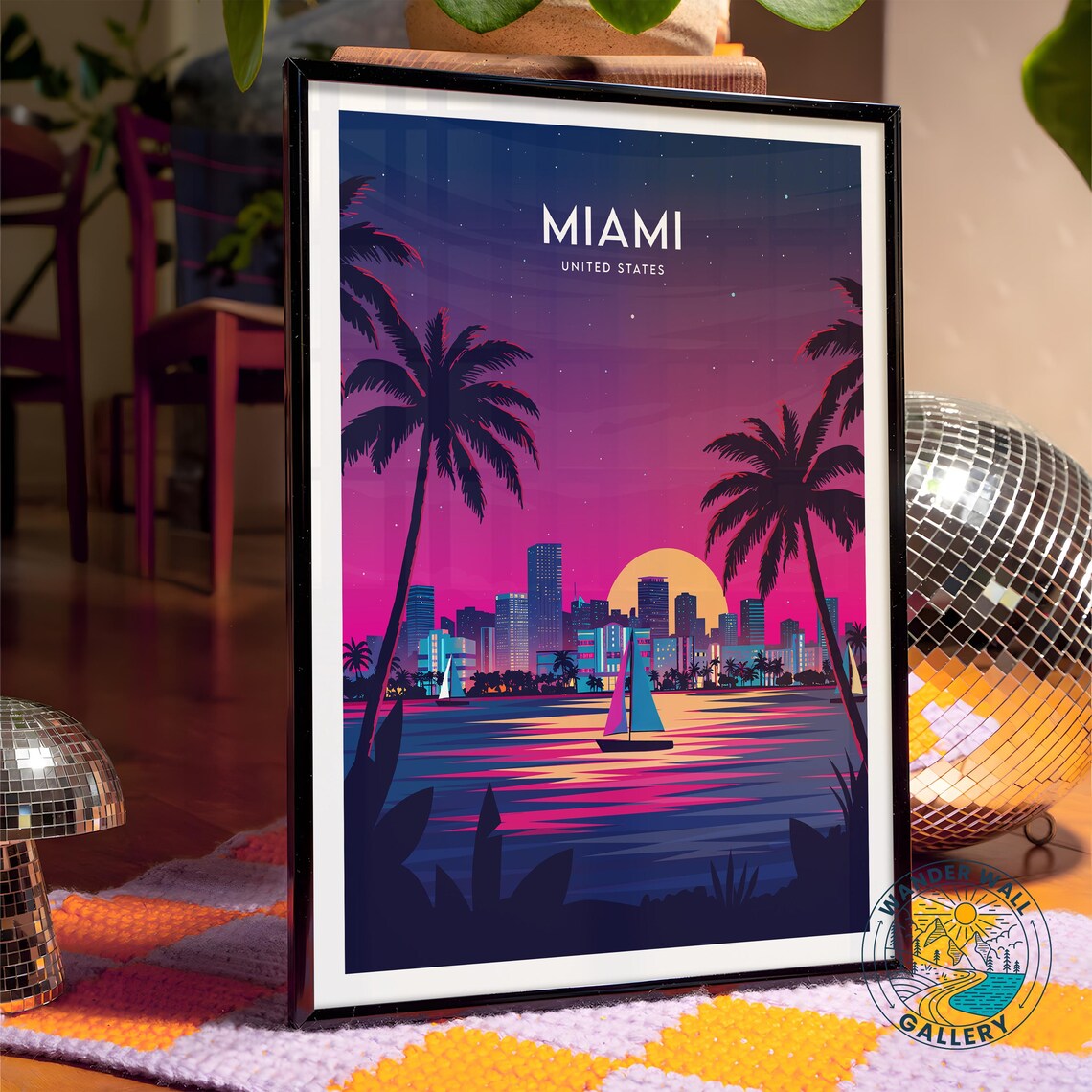 Miami Florida Neon Night Skyline Palm Trees Sailboats Travel Poster - Image 4