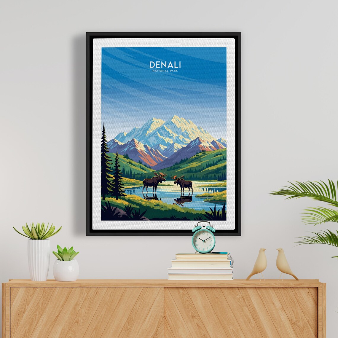 Denali Alaska Bull Moose Pair Wading in Alpine Lake Wildlife Poster - Image 5