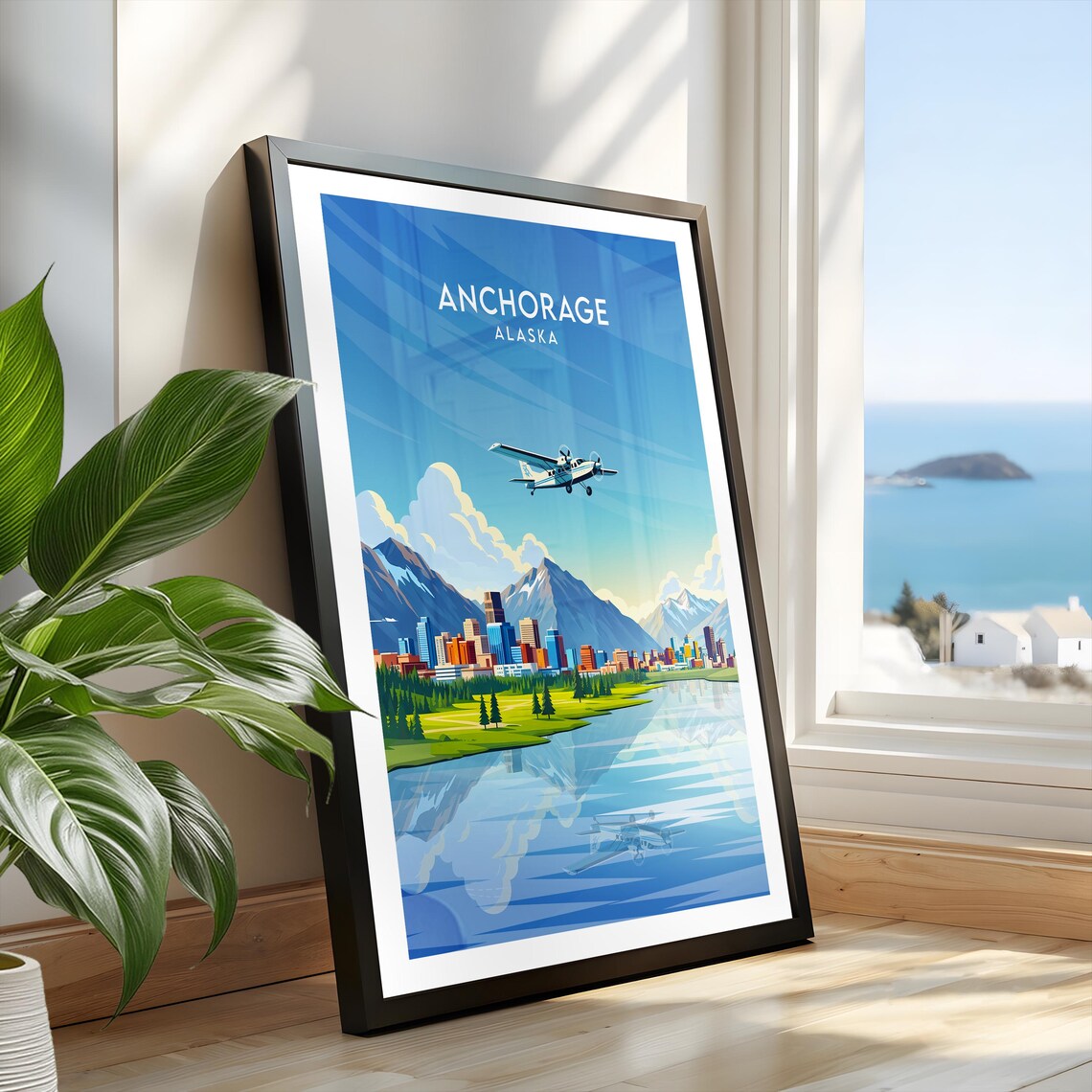 Anchorage Alaska City Skyline Seaplane Flying Over Lake Reflection Poster - Image 2