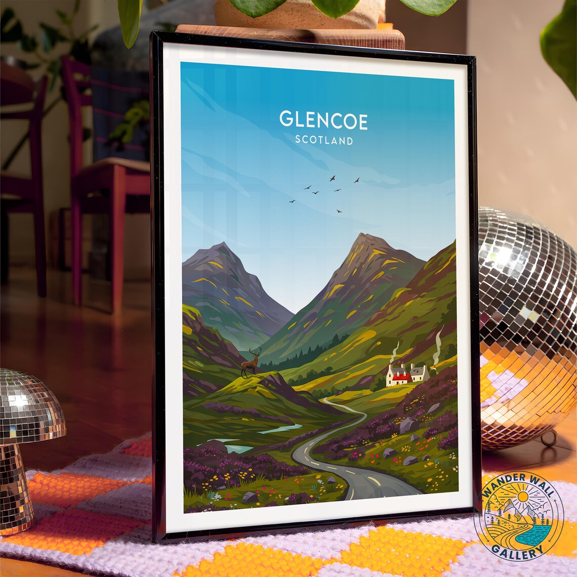 Glencoe Scotland Highland Valley Stag Cottage Mountain Travel Poster - Image 4
