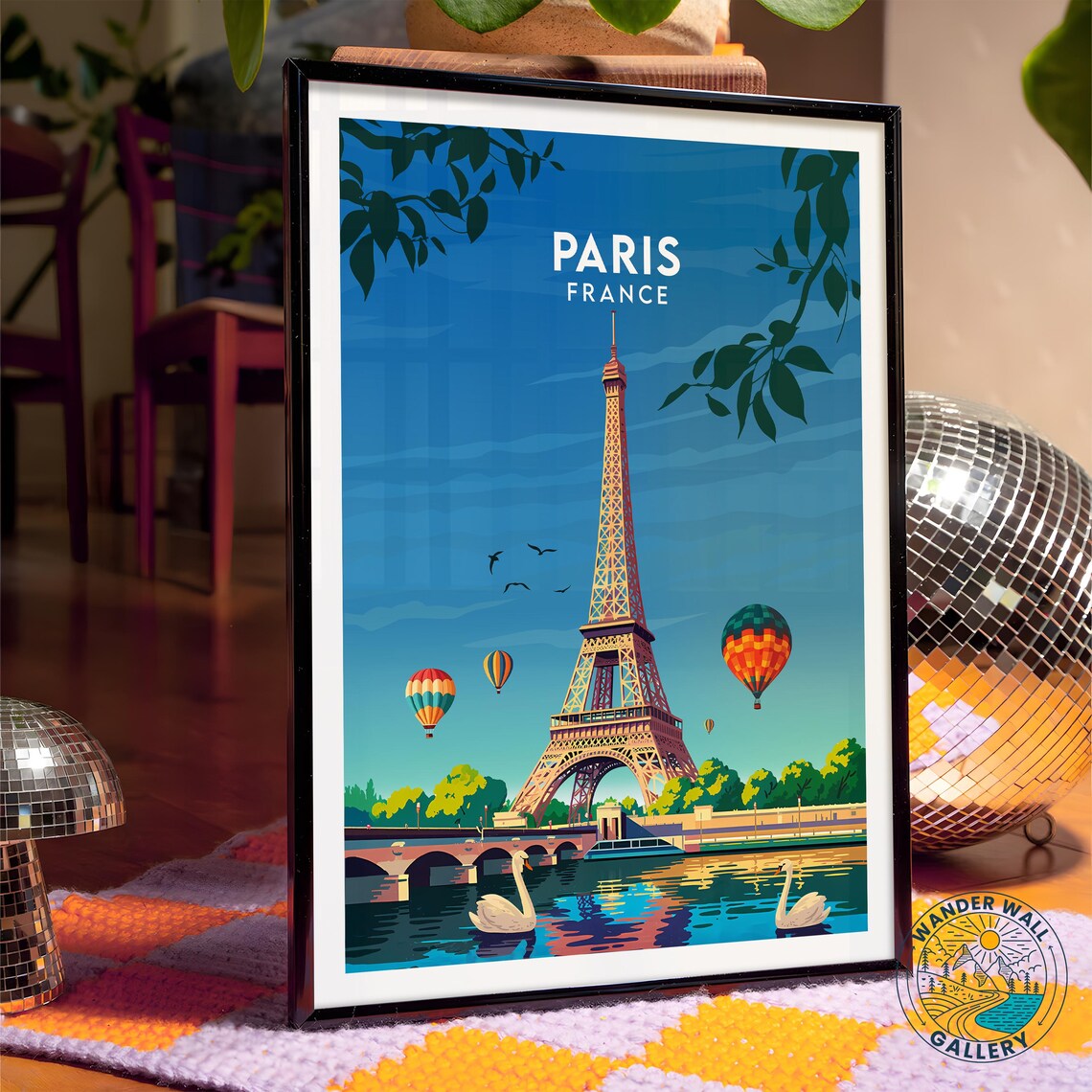Paris France Eiffel Tower Hot Air Balloons River Swans Poster - Image 4