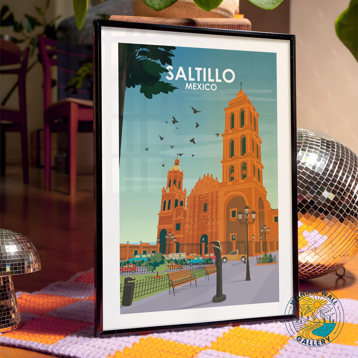 Saltillo Mexico Santiago Cathedral Plaza Colonial Retro Travel Poster - Image 4