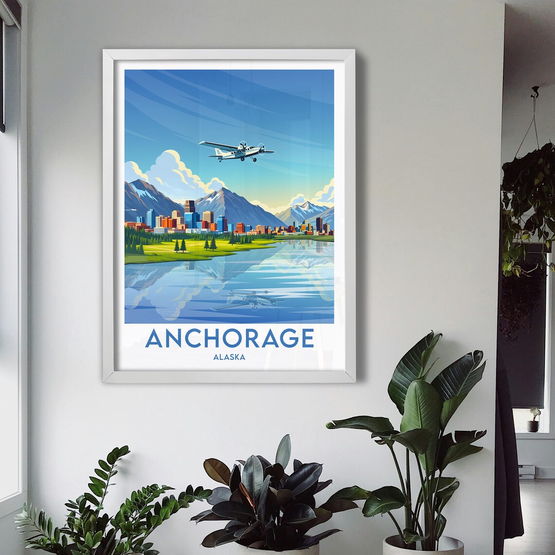 Anchorage Alaska Mountain Skyline Seaplane Retro Travel Poster - Image 3