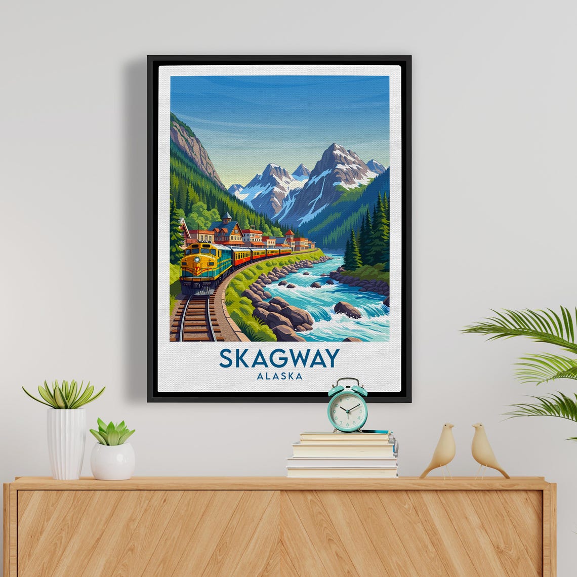 Skagway Alaska Diesel Train by River Waterfront Town Skyline Poster - Image 5