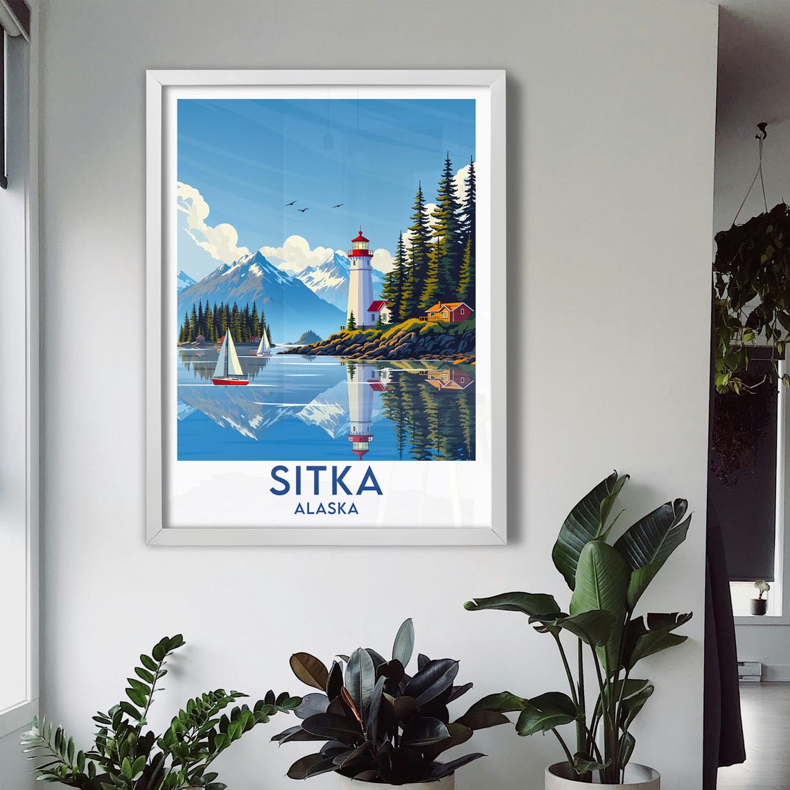Sitka Alaska Lighthouse Sailboats Coastal Mountain Reflection Poster - Image 3