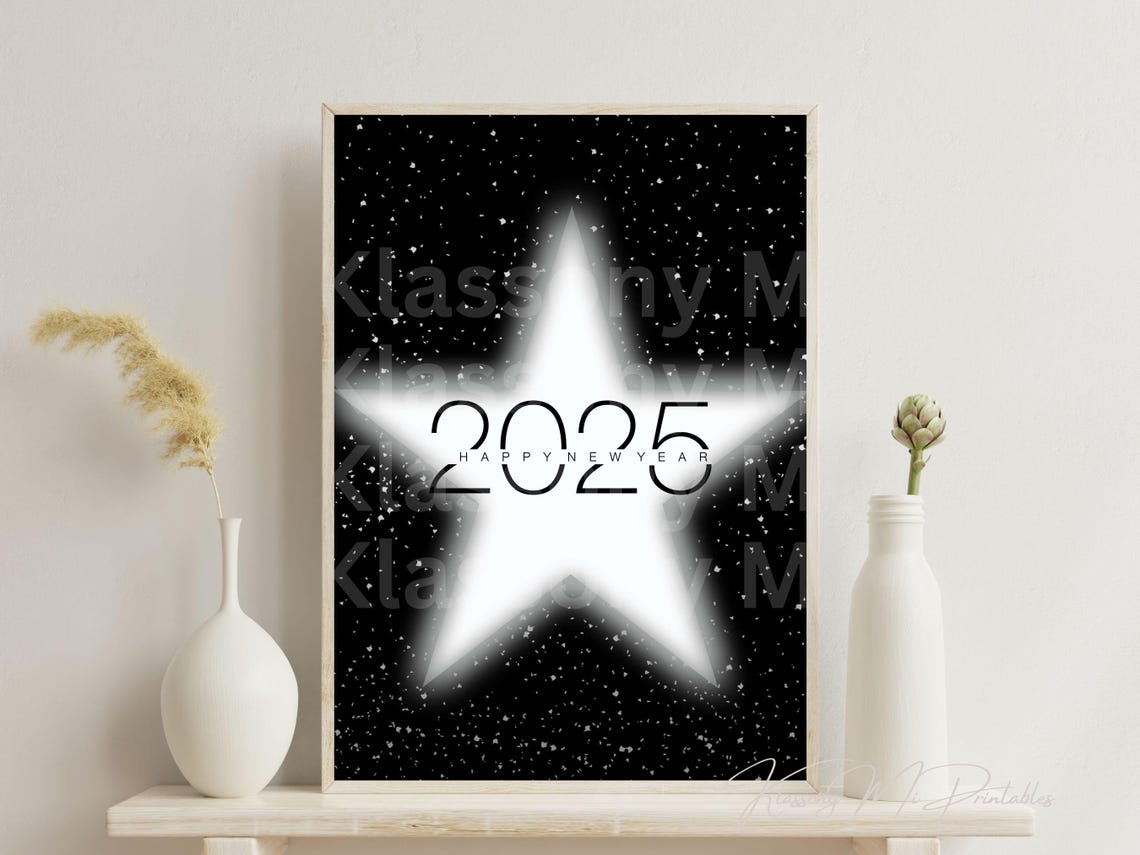 2025 Happy New Year Glowing White Star Black Night Sky Poster - Image 2