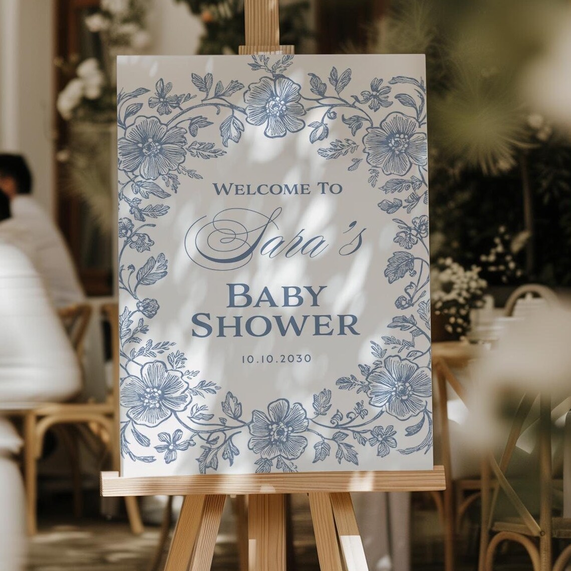 Blue Toile Floral Baby Shower Welcome Sign Personalized Poster