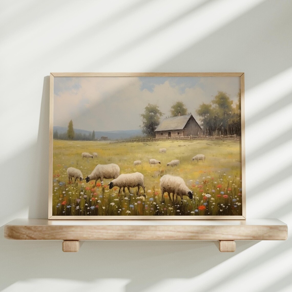 Sheep Grazing In A Wildflower Meadow Beside A Country Barn Poster