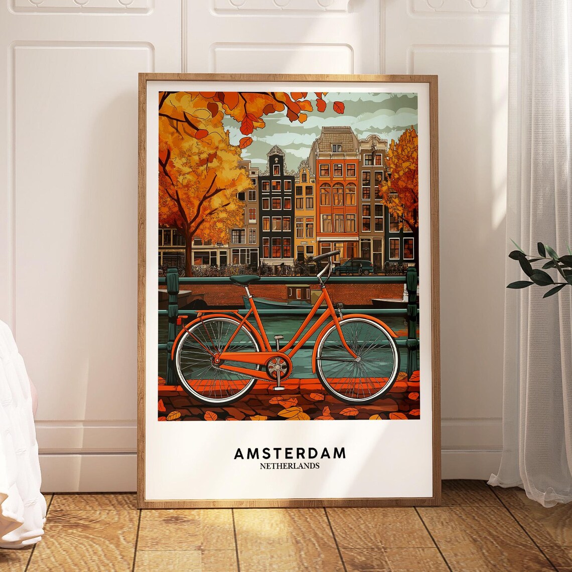 Amsterdam Autumn Canal Bicycle Scene Netherlands Travel Poster