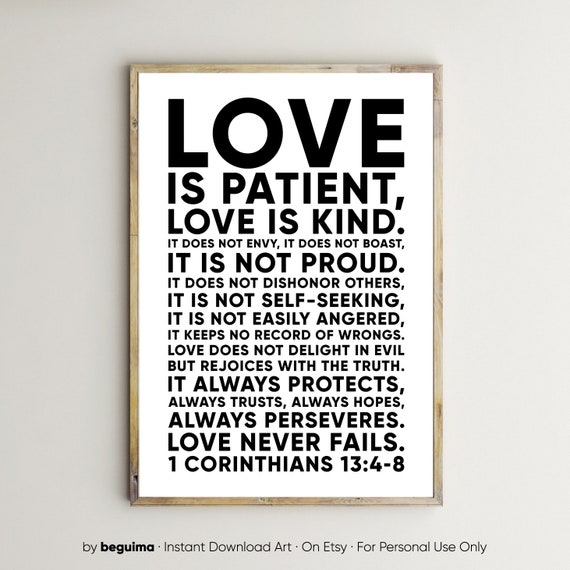 Love Is Patient Love Is Kind 1 Corinthians 134 8 Christian Print Bible Verse Wall Art Decor Quote Sign Scripture Poster