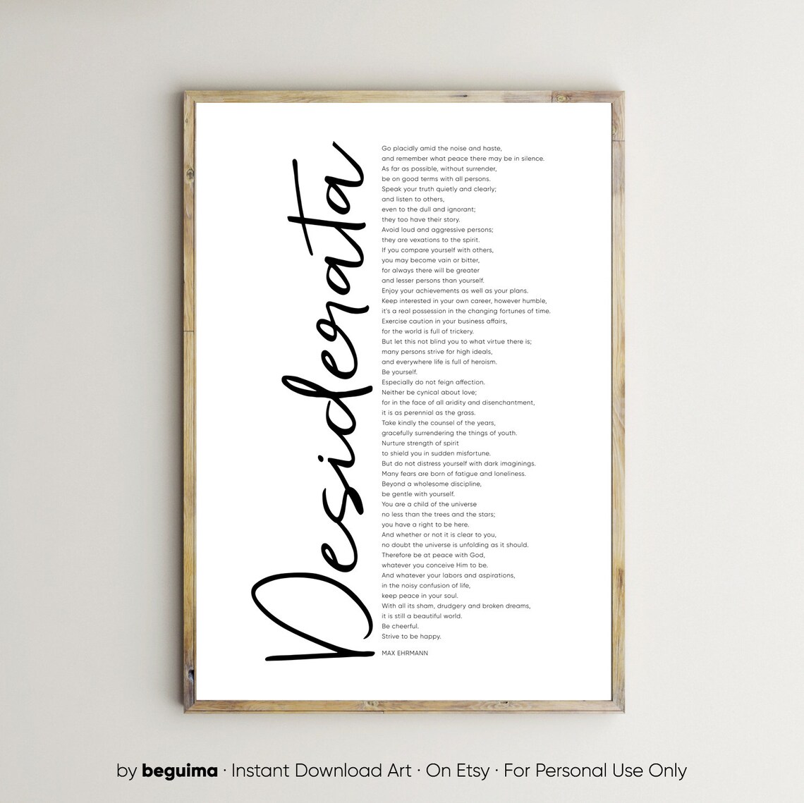 Desiderata Max Ehrmann Poem Poster, Inspirational Words