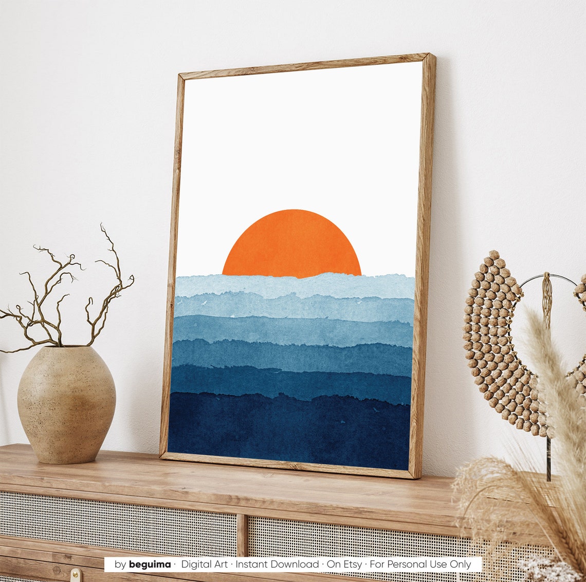 Watercolor Sunset Orange Sun Over Blue Sea Layers Coastal Art Poster - Image 3