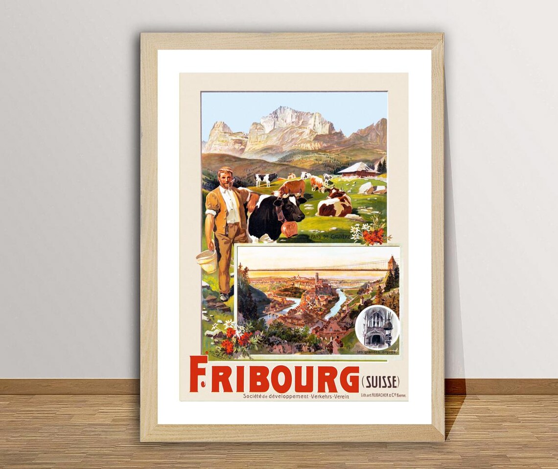 Fribourg Switzerland Gruyeres Cows Alpine Valley Travel Poster