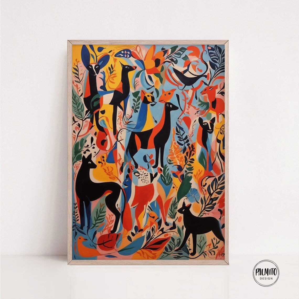Eclectic Folk Art Deer Birds Colorful Wild Animal Collage Poster