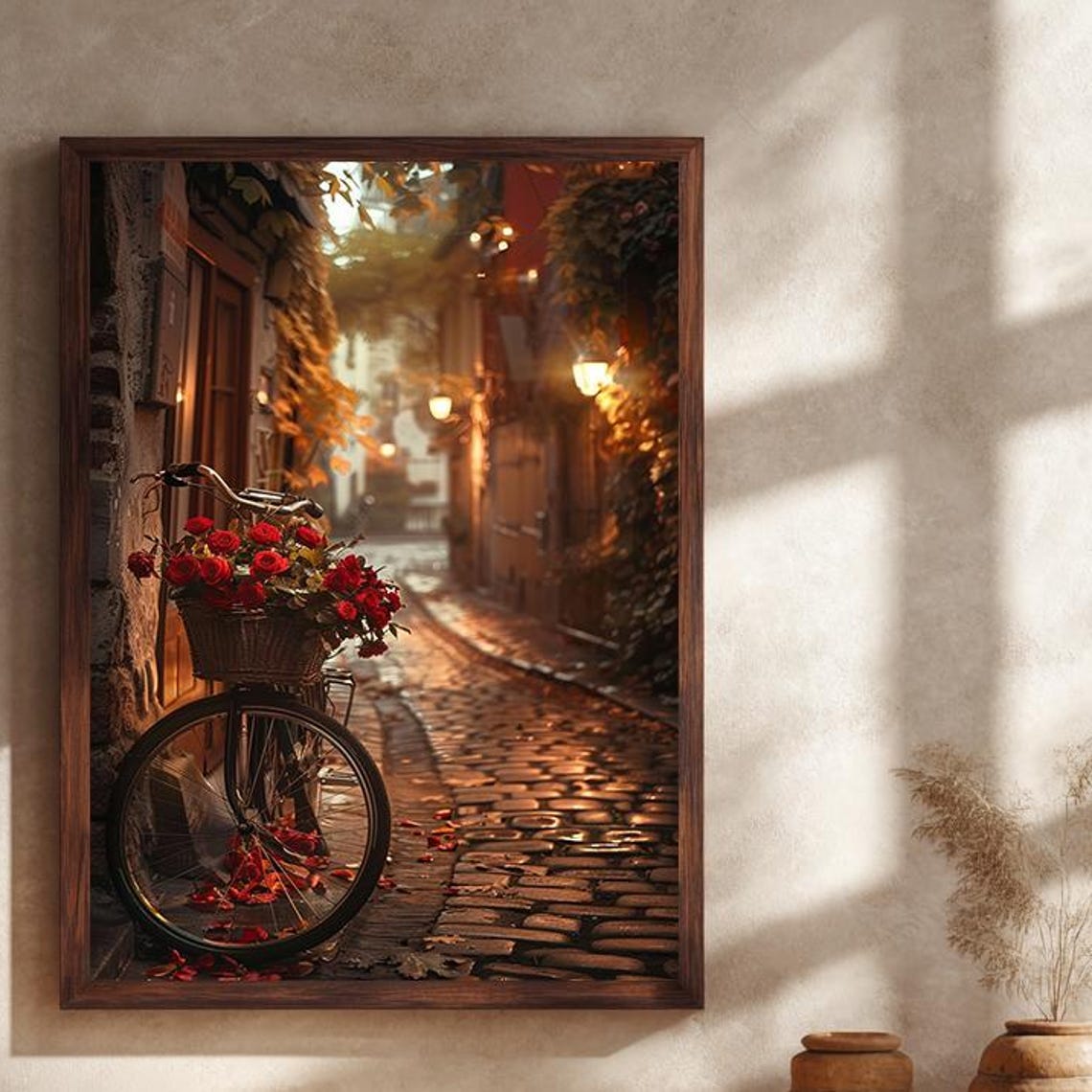 Vintage Cobblestone Street Bicycle Red Roses Alleyway Poster