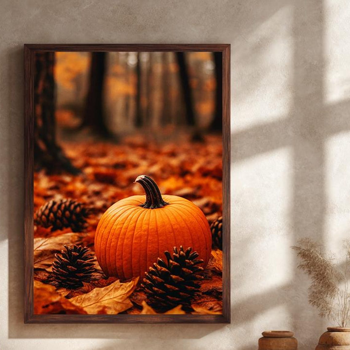 Pumpkin Forest Canvas Wall Art With Pinecones And Autumn Leaves Rustic Fall Harvest Print For Cozy Seasonal Halloween Home Decor
