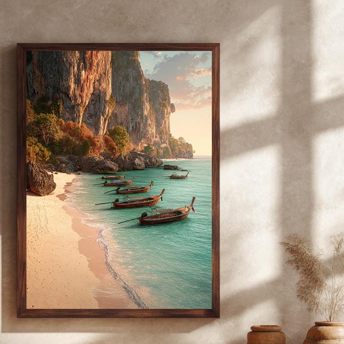 Thailand Longtail Boats Beach Cliffs Turquoise Sea Scene Wall Poster