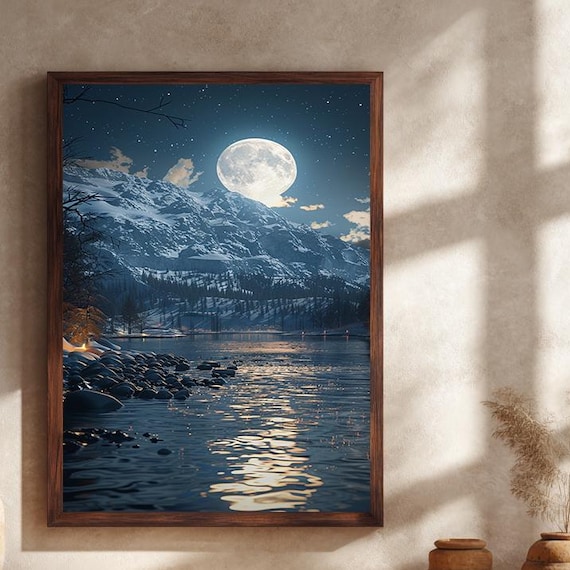Full Moon Snowy Mountain Canvas Wall Art Print With Lake Reflection And Starry Night Sky Winter Landscape Nature Home Decor
