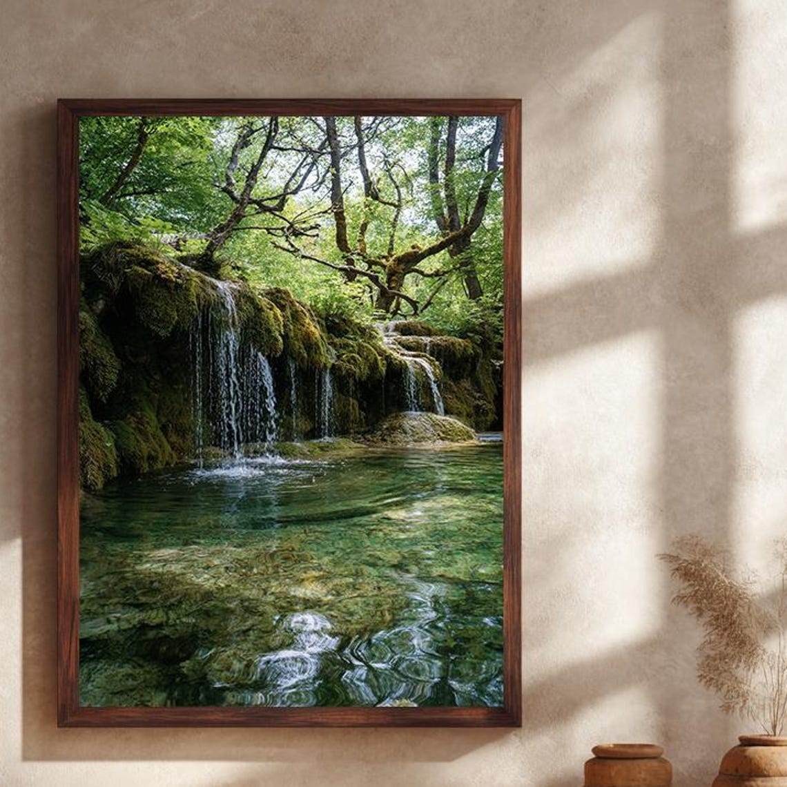 Mossy Forest Waterfall Flowing Over Rocks Into a Clear Stream Poster