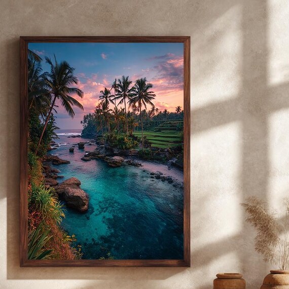 Tropical Sunset Beach Palm Trees Turquoise Cove Paradise Poster Art