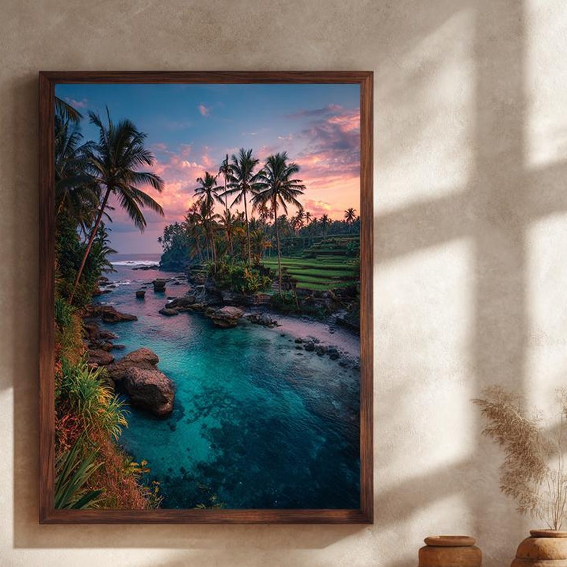 Tropical Sunset Beach Palm Trees Turquoise Cove Paradise Poster Art