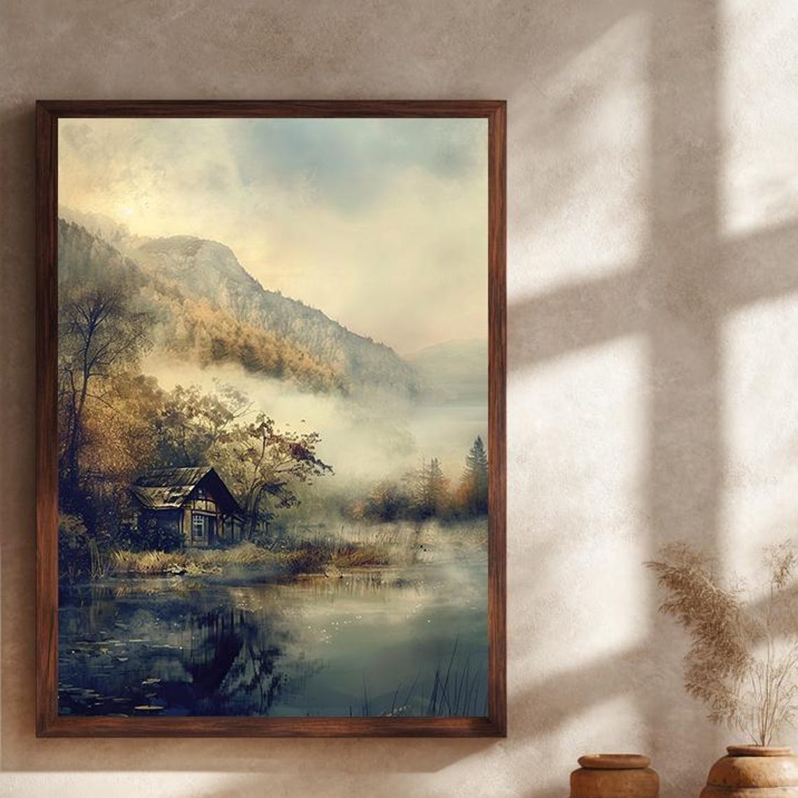 Misty Mountain Cabin Poster beside a Calm Reflective Forest Lake