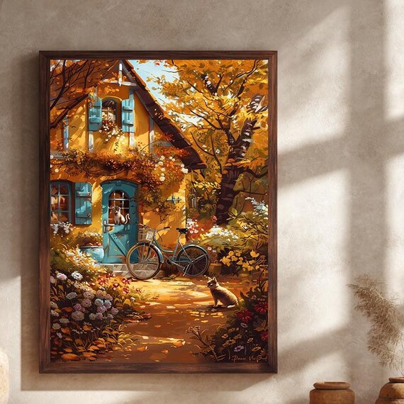 Autumn Cottage Art Print, Rustic Fall Decor