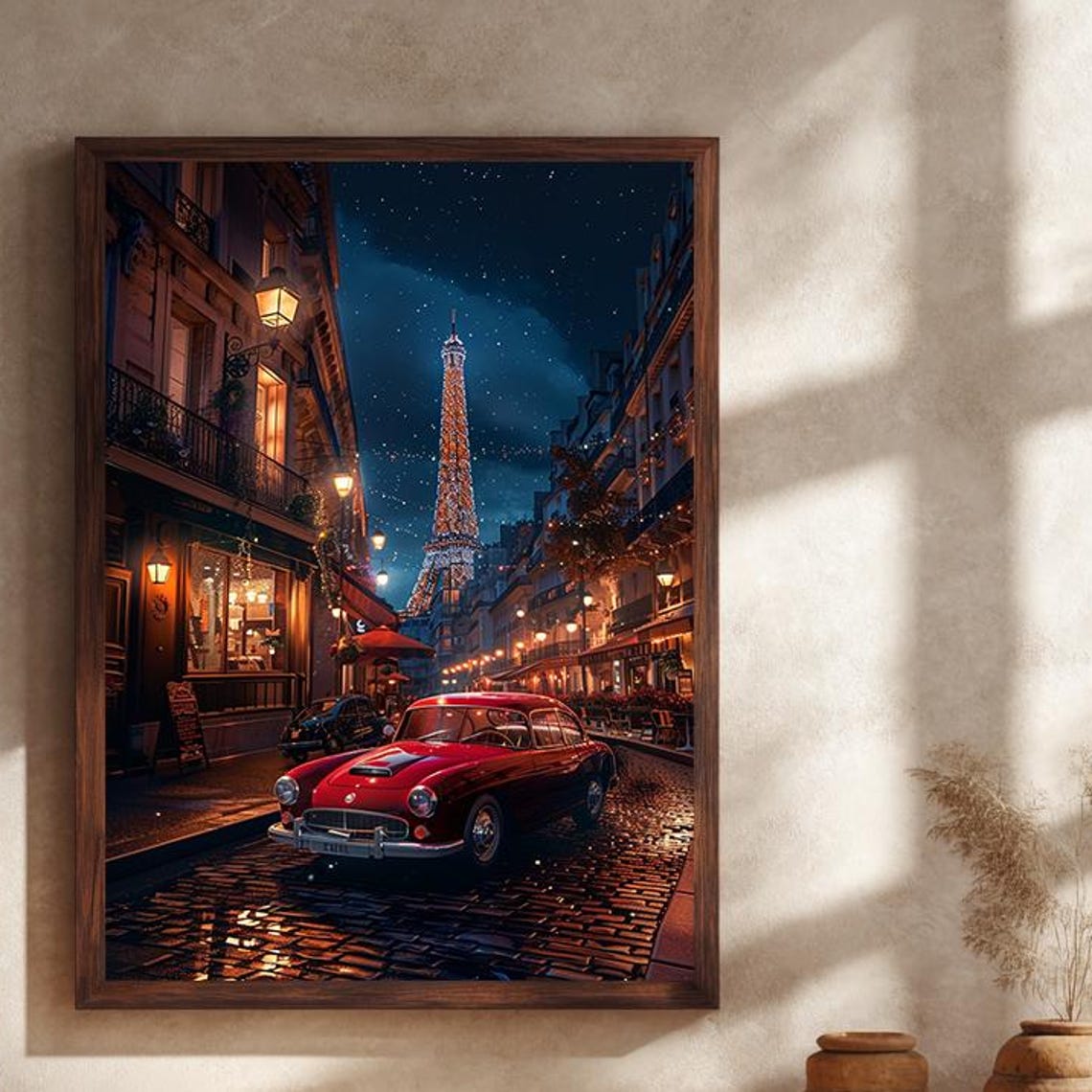 Paris Starry Night Eiffel Tower Classic Red Car Street Poster