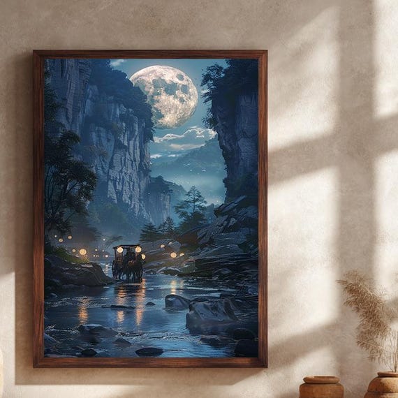 Moonlit Carriage Ride Canvas Wall Art Enchanted Valley With Full Moon And Lanterns Fantasy Landscape Home Decor