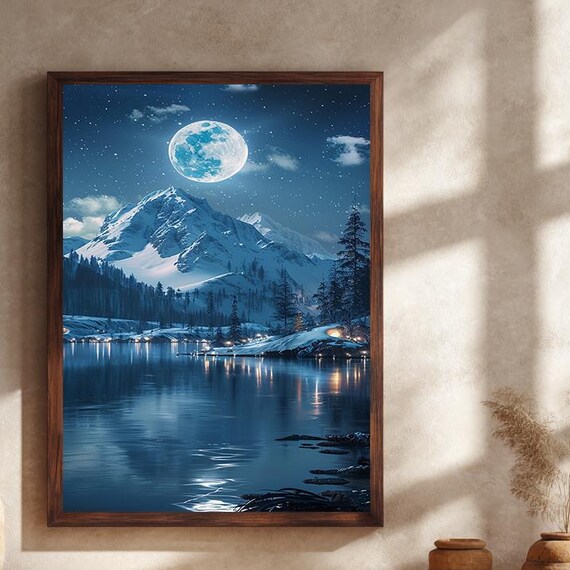 Starry Night Snowy Mountain Lake Reflection Winter Scene Poster