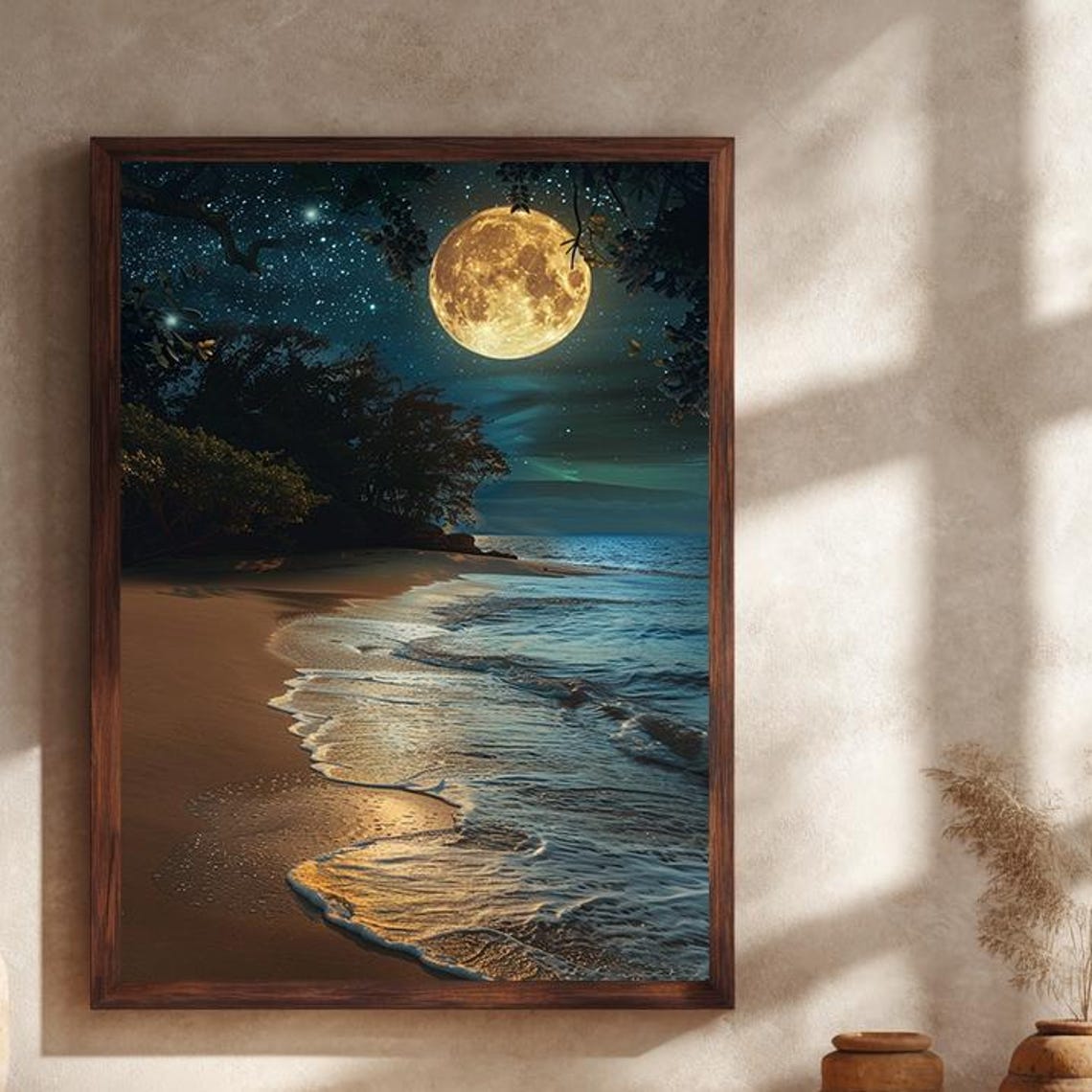 Full Moon Rising Over Night Beach Ocean Waves Seascape Poster
