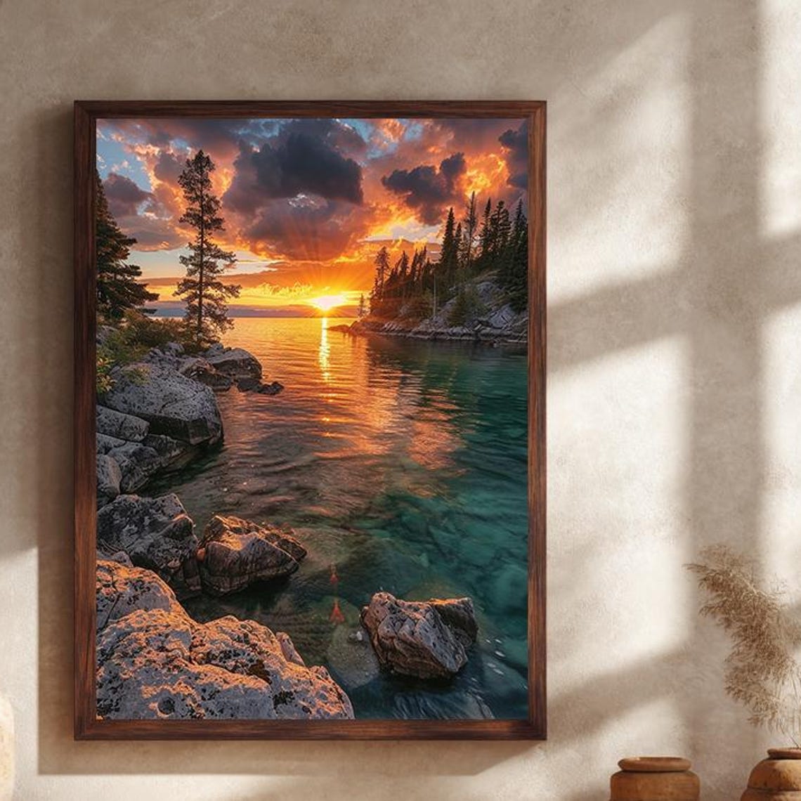 Blazing Mountain Lake Sunset Pine Trees Rocky Shore Nature Wall Art