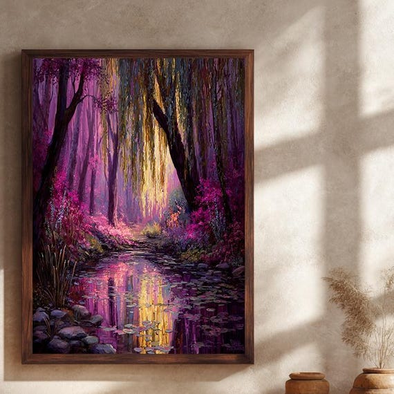 Enchanted Pink Forest Canvas Wall Art Magical Willow Tree Pond Print Fantasy Nature Landscape Artwork For Whimsical Home Decor