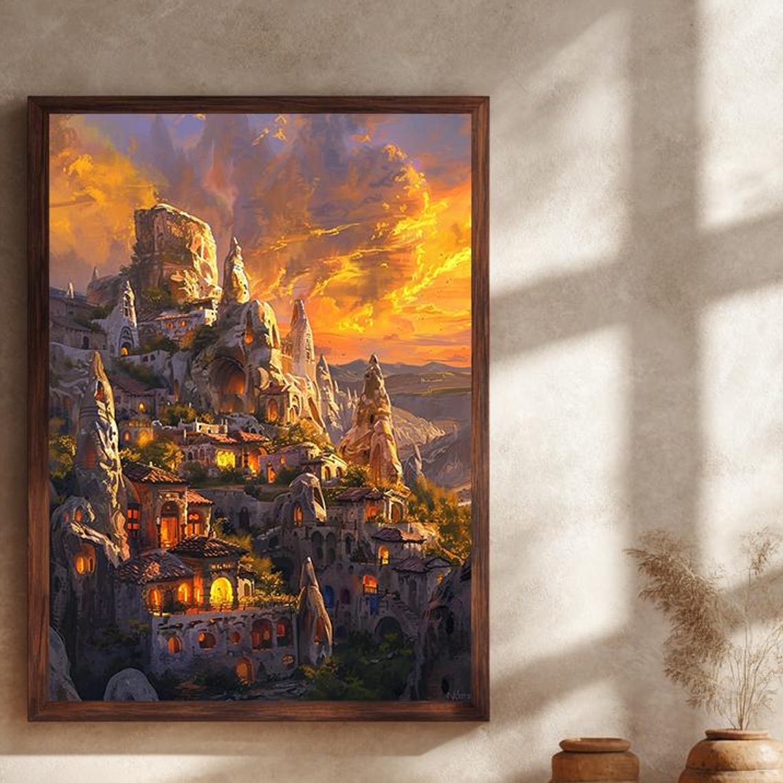 Fantasy Cliffside Village Poster at Golden Sunset with Lights