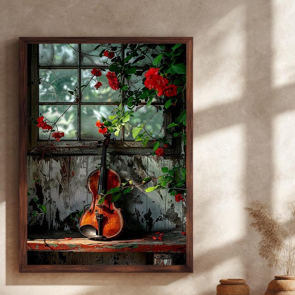 Violin and Red Roses Rustic Window Romantic Still Life Print