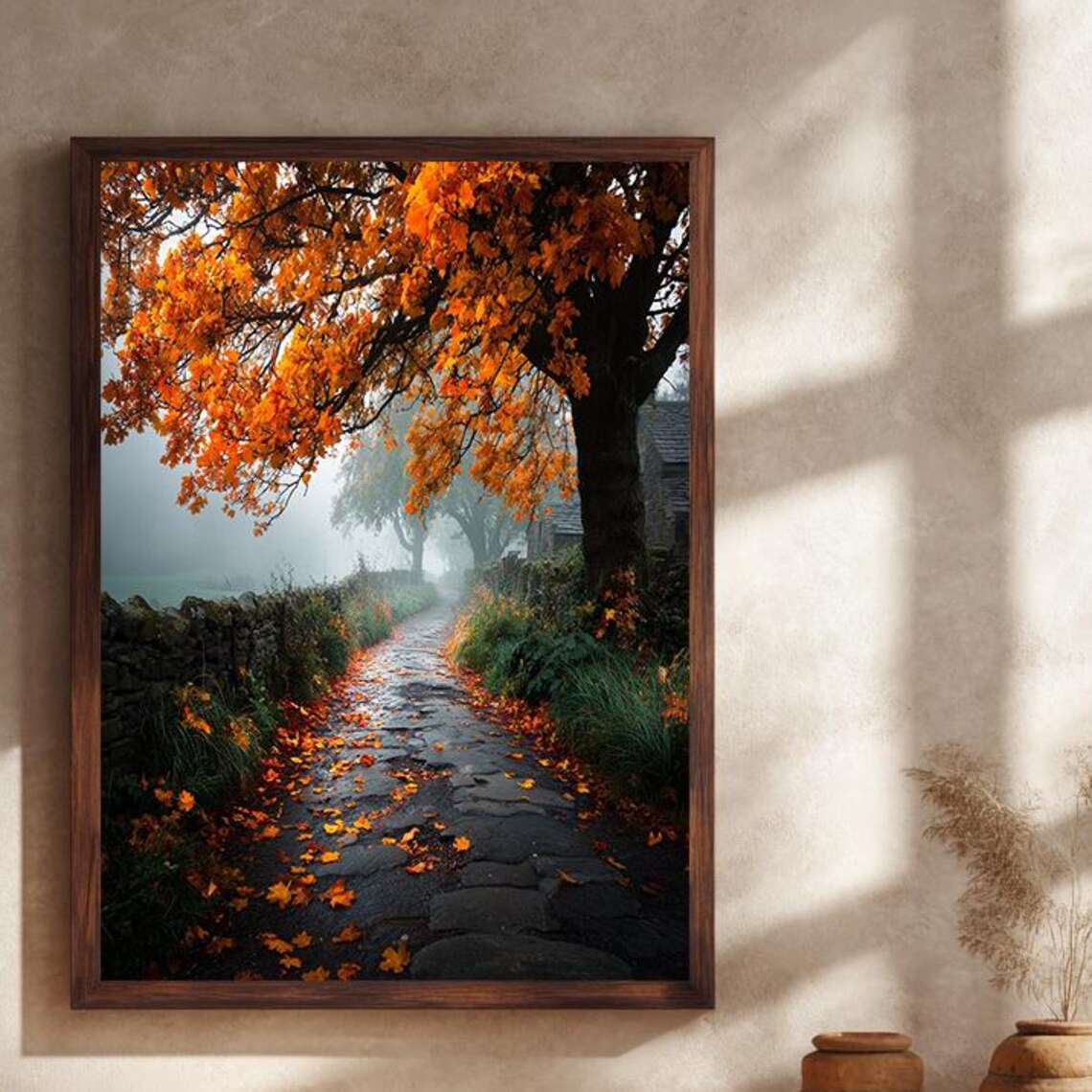 Foggy Autumn Stone Path Poster Golden Leaves Over Misty Woodland Walkway