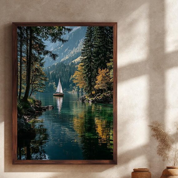 Sailboat On A Calm Forest Lake With Mountain View Serene Poster