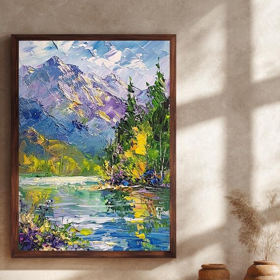 Colorful Mountain Lake Abstract Canvas Wall Art Print Bold Impasto Painting Style Nature Scene For Modern Artistic Home Decor