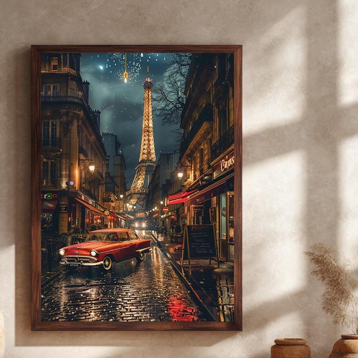 Paris Night Eiffel Tower Vintage Red Car Wet Cobblestone Poster