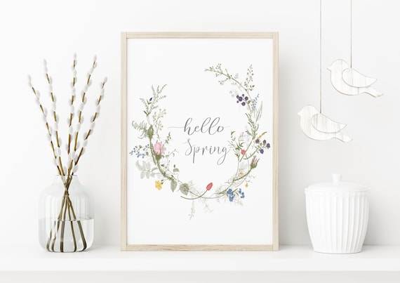 Hello Spring Watercolor Wildflower Wreath Fresh Seasonal Wall Art