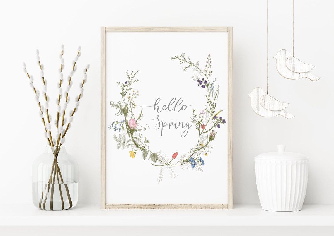 Hello Spring Watercolor Wildflower Wreath Fresh Seasonal Wall Art
